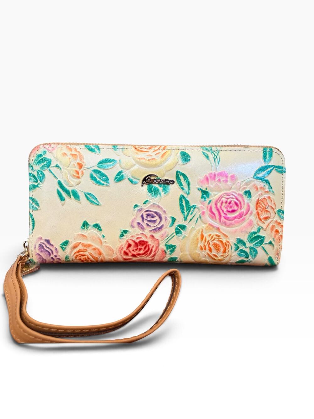 ArtsEye Rose Embossed Genuine Leather Zip Around Clutch Wallet NWOT